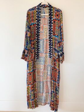 Splash Boho Tribal Print Long Kimono Duster Open Front Lightweight Womens L 18